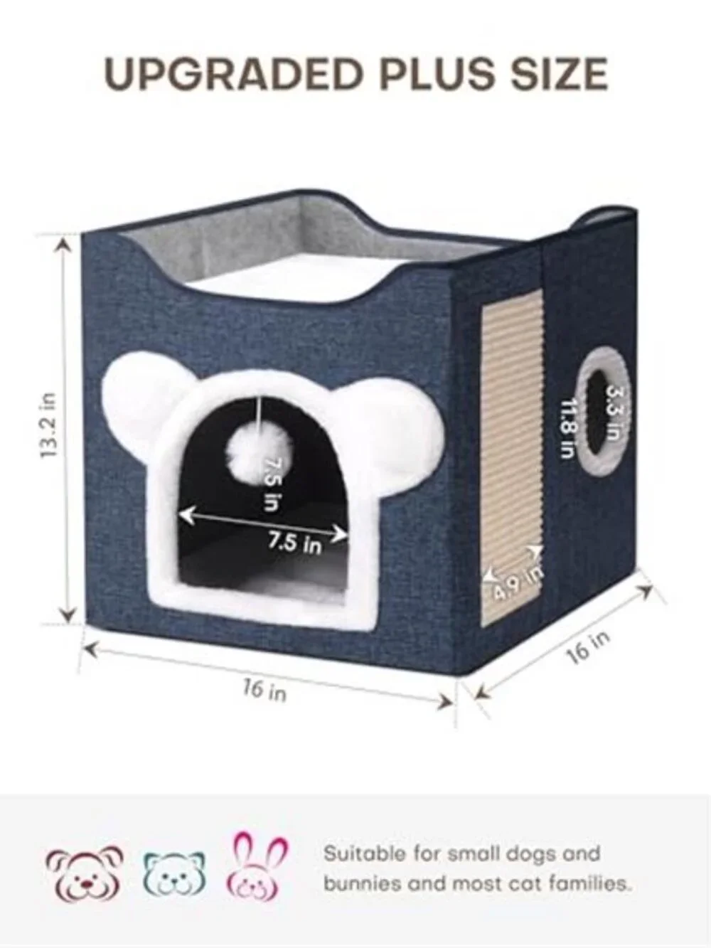 Large Cat House Indoor Cat Cave Covered Bed with Scratch Pad Fluffy Toy Hideaway